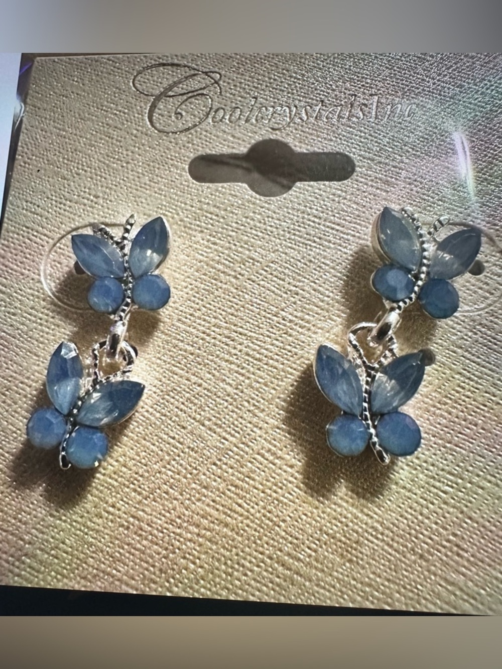 Blue Butterfly Dangle Earrings Silver Tone Double Butterfly Statement - Picture 8 of 11